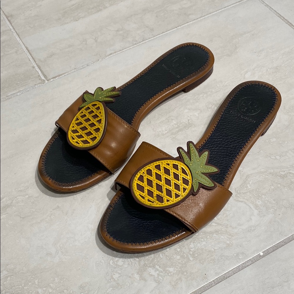 Tory Burch Brown Pineapple Slide Sandals